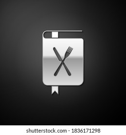Silver Cookbook icon isolated on black background. Cooking book icon. Recipe book. Fork and knife icons. Cutlery symbol. Restaurant symbol. Long shadow style. Vector.