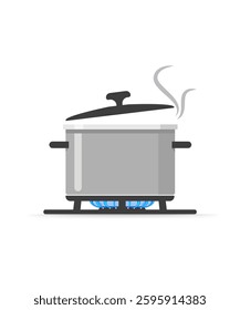 Silver cooking pot with a black lid sits on a black burner with blue flames, and white steam rises from the pot. Stock illustrator