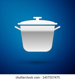 Silver Cooking pot icon isolated on blue background. Boil or stew food symbol.  Vector Illustration