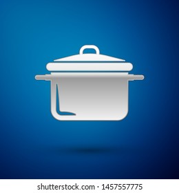 Silver Cooking pot icon isolated on blue background. Boil or stew food symbol.  Vector Illustration