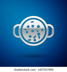 Silver Cooking soup in pot icon isolated on blue background. Boil or stew food symbol.  Vector Illustration