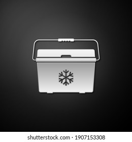 Silver Cooler bag icon isolated on black background. Portable freezer bag. Handheld refrigerator. Long shadow style. Vector.