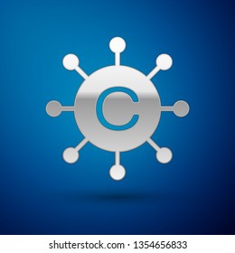 Silver Copywriting network icon isolated on blue background. Content networking symbol. Copyright sign. Copywriting network sign. Vector Illustration