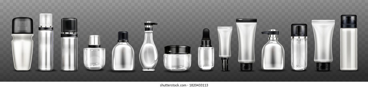 Silver cosmetic bottles, jars and tubes for cream, spray, lotion and beauty products. Vector realistic mockup of blank glass and plastic golden package with black cap isolated on transparent