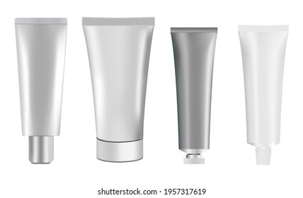 Silver cosmetic tube mockup. Squeeze cream package. White plastic toothpaste tube template. Realistic flexible sunscreen cream tube, vector illustration