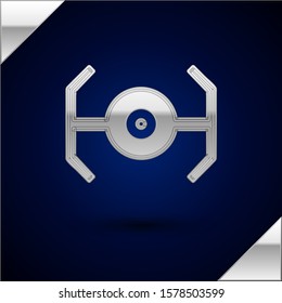 Silver Cosmic ship icon isolated on dark blue background.  Vector Illustration
