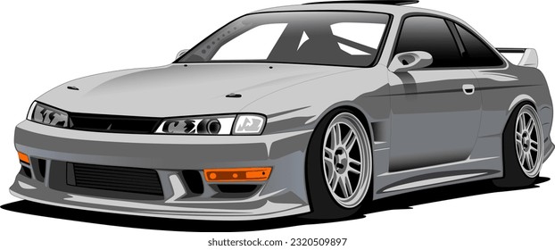 silver coupe drift race performance s14 aports style car front side wheels vector illustration