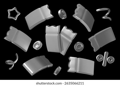 Silver coupons and 3d sale design elements - coins, percentage, spiral serpentine flying in different positions on black background. Vector illustration.