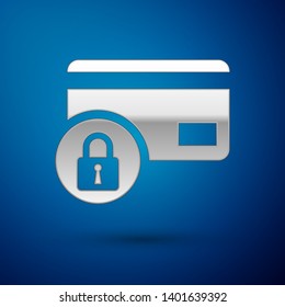 Silver Credit card with lock icon isolated on blue background. Locked bank card. Security, safety, protection concept. Concept of a safe payment. Vector Illustration