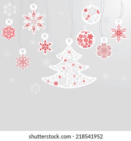 silver cristmas balls and fir tree with snowflake on silver background