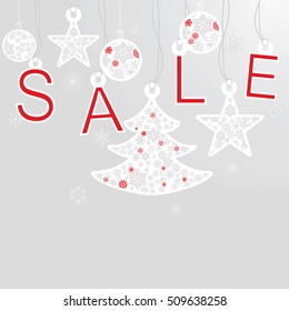 silver cristmas balls and fir tree with sale on silver background