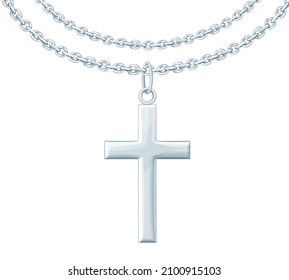 Silver cross with chain vector icon isolated on white background, metal necklace illustration, symbol of religious jewelry