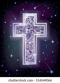 Silver cross in starry night sky, vector illustration