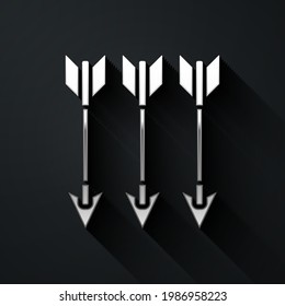 Silver Crossed arrows icon isolated on black background. Long shadow style. Vector