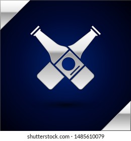 Silver Crossed beer bottle icon isolated on dark blue background.  Vector Illustration