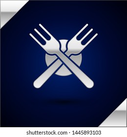 Silver Crossed fork icon isolated on dark blue background. Cutlery symbol.  Vector Illustration