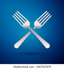 Silver Crossed fork icon isolated on blue background. Cutlery symbol.  Vector Illustration