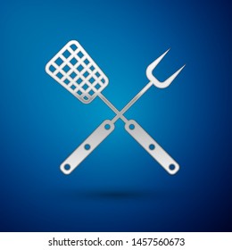 Silver Crossed fork and spatula icon isolated on blue background. BBQ fork and spatula sign. Barbecue and grill tools. Vector Illustration