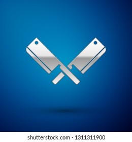 Silver Crossed meat chopper icon isolated on blue background. Kitchen knife for meat. Butcher knife. Vector Illustration