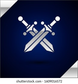 Silver Crossed medieval sword icon isolated on dark blue background.  Vector Illustration