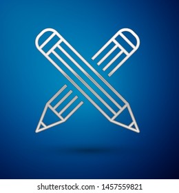 Silver Crossed pencil icon isolated on blue background. Education sign. Drawing and educational tools. School office symbol.  Vector Illustration