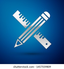 Silver Crossed ruler and pencil icon isolated on blue background. Straightedge symbol. Drawing and educational tools.  Vector Illustration