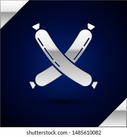 Silver Crossed sausage icon isolated on dark blue background. Grilled sausage and aroma sign.  Vector Illustration