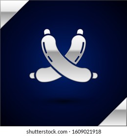 Silver Crossed sausage icon isolated on dark blue background. Grilled sausage and aroma sign.  Vector Illustration