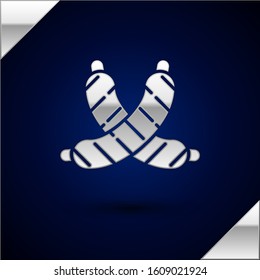 Silver Crossed sausage icon isolated on dark blue background. Grilled sausage and aroma sign.  Vector Illustration