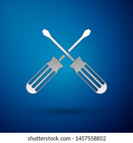 Silver Crossed screwdrivers icon isolated on blue background. Service tool symbol.  Vector Illustration