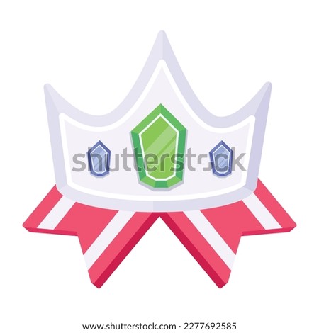 Silver crown badge with gemstones, flat style icon 