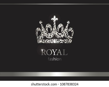 Silver crown. Luxury label, emblem or packing. Logo design. Fashion banner with glitter and shine.