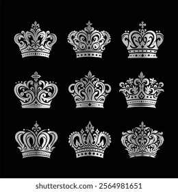 Silver Crown vector silhouette set. Crown symbol collection on a black background.