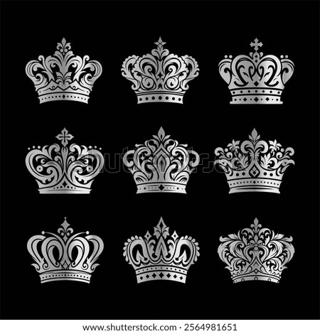 Silver Crown vector silhouette set. Crown symbol collection on a black background.