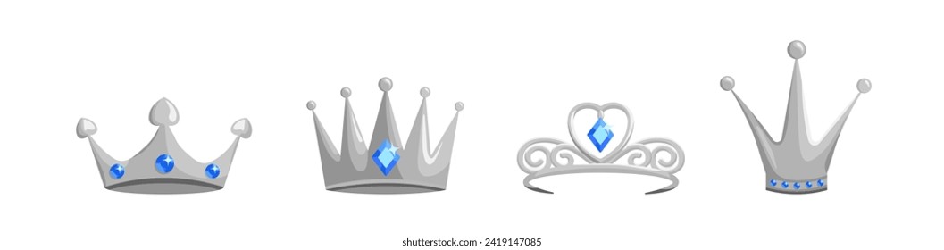 Coronas de plata y tiaras. joyas de esmeralda azul para reinas y príncipes con corazones diseño monárquico y piedras preciosas con estilo vectorial real