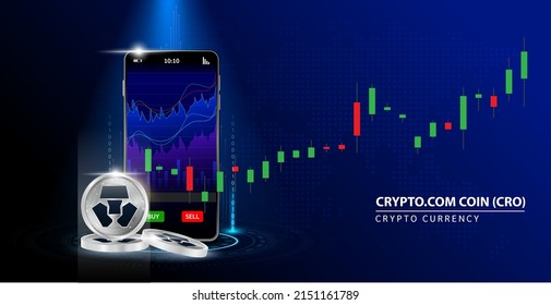 Silver Crypto.com Coin (CRO) Online payment. Hand holding smartphone with online payment app bank. Secure mobile banking finance concept. Blue background vector 3D. ATM money transfers transaction.