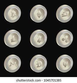 Monedas de criptomonedas plateadas en fondo gris. 