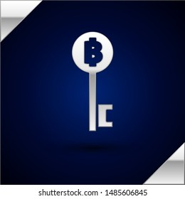 Silver Cryptocurrency Bitcoin key icon isolated on dark blue background. Concept of cyber security or digital key with technology interface.  Vector Illustration