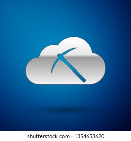 Silver Cryptocurrency cloud mining icon isolated on blue background. Cloud with pickaxe, bitcoin, altcoins, digital money market, cryptocoin wallet. Vector Illustration