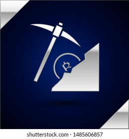 Silver Cryptocurrency cloud mining icon isolated on dark blue background. Cloud with pickaxe, bitcoin, digital money market, cryptocoin wallet.  Vector Illustration