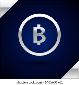 Silver Cryptocurrency coin Bitcoin icon isolated on dark blue background. Physical bit coin. Blockchain based secure crypto currency.  Vector Illustration