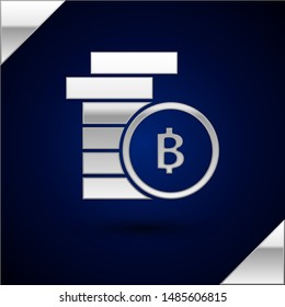 Silver Cryptocurrency coin Bitcoin icon isolated on dark blue background. Physical bit coin. Blockchain based secure crypto currency.  Vector Illustration