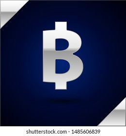 Silver Cryptocurrency coin Bitcoin icon isolated on dark blue background. Physical bit coin. Blockchain based secure crypto currency.  Vector Illustration