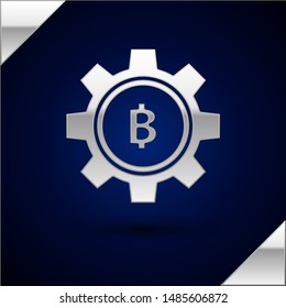 Silver Cryptocurrency coin Bitcoin icon isolated on dark blue background. Gear and Bitcoin setting. Blockchain based secure crypto currency.  Vector Illustration