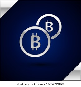 Silver Cryptocurrency coin Bitcoin icon isolated on dark blue background. Physical bit coin. Blockchain based secure crypto currency.  Vector Illustration