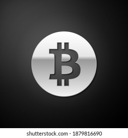 Moneda de la moneda de Criptodivisa Plata Icono de Bitcoin aislado en fondo negro. Moneda de bit física. Moneda digital. Moneda criptográfica segura basada en Blockchain. Estilo de sombra larga. Vector.