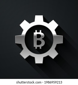 Silver Cryptocurrency coin Bitcoin icon isolated on black background. Gear and Bitcoin setting. Blockchain based secure crypto currency. Long shadow style. Vector