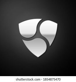 Silver Cryptocurrency coin NEM XEM icon isolated on black background. Physical bit coin. Digital currency. Blockchain based secure crypto currency. Long shadow style. Vector.