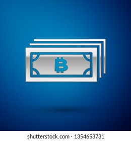 Silver Cryptocurrency concept bitcoin in circle with microchip circuit icon isolated on blue background. Blockchain technology, digital money market. Vector Illustration