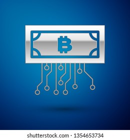 Silver Cryptocurrency concept bitcoin in circle with microchip circuit icon isolated on blue background. Blockchain technology, digital money market. Vector Illustration